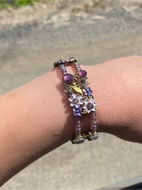 Floral Purple Beaded Lovely Garden Double-Row Stretch Bracelet 6.5